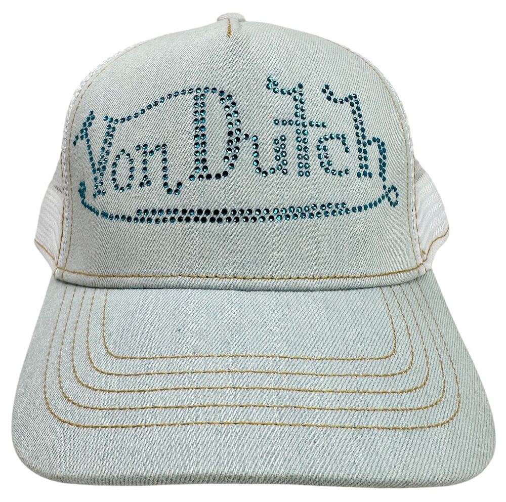 Von Dutch Trucker Hat Light Stone Bling Denim Snapback Cap